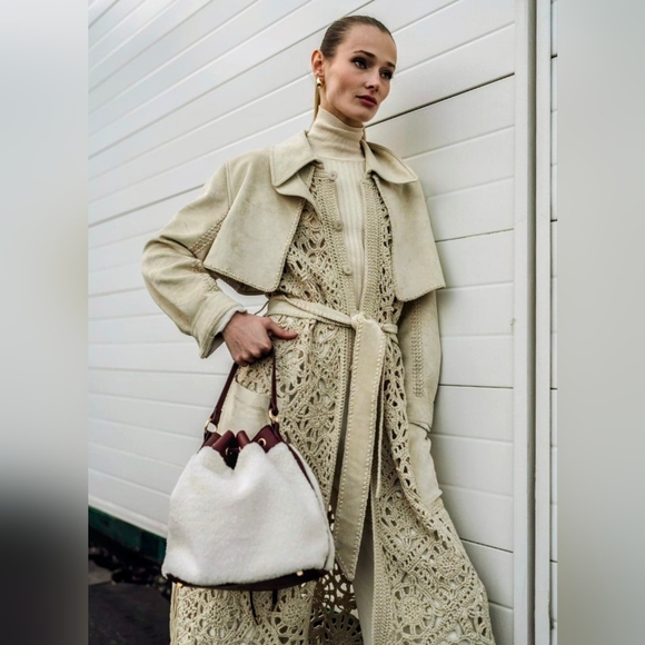 Jonathan Simkhai Yani Combo crochet and suede trench coat With Fringes, Beige M - Picture 3 of 16